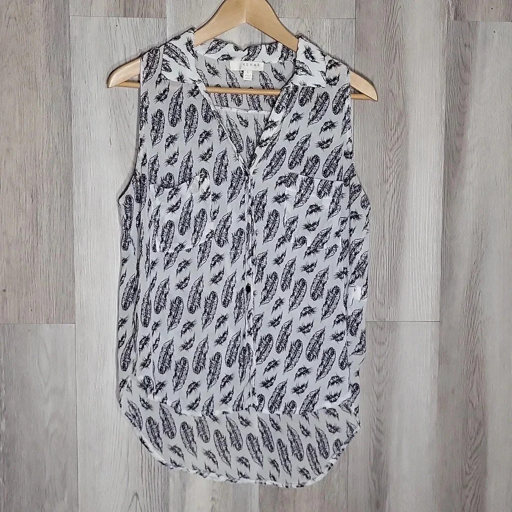 Kenar White Black Feather Print Sleeveless Collared Hi Low Blouse Womens‎ L